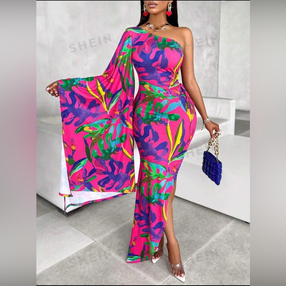 Asymmetrical, tropical print beautiful one shoulder dress